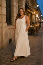 Ivory linen shift maxi dress, lifestyle, strolling cobblestone streets