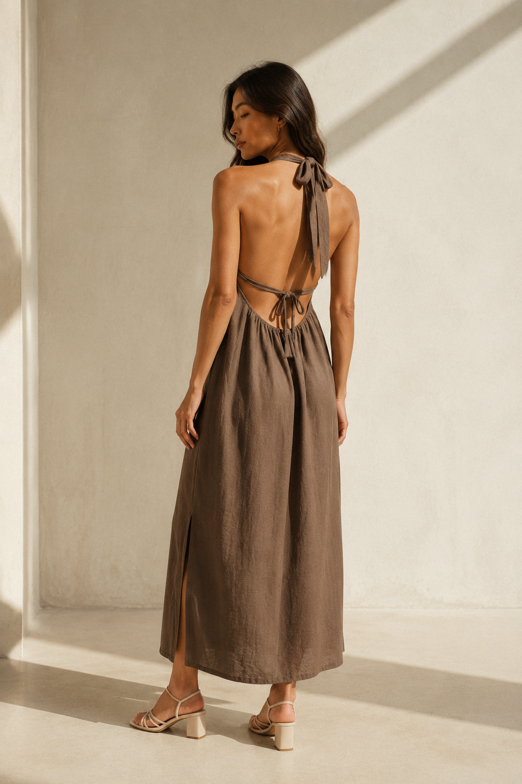 Brown linen shift maxi dress, back view, low open back with tie closure
