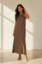 Brown linen shift maxi dress, full front view, relaxed fit, simple silhouette