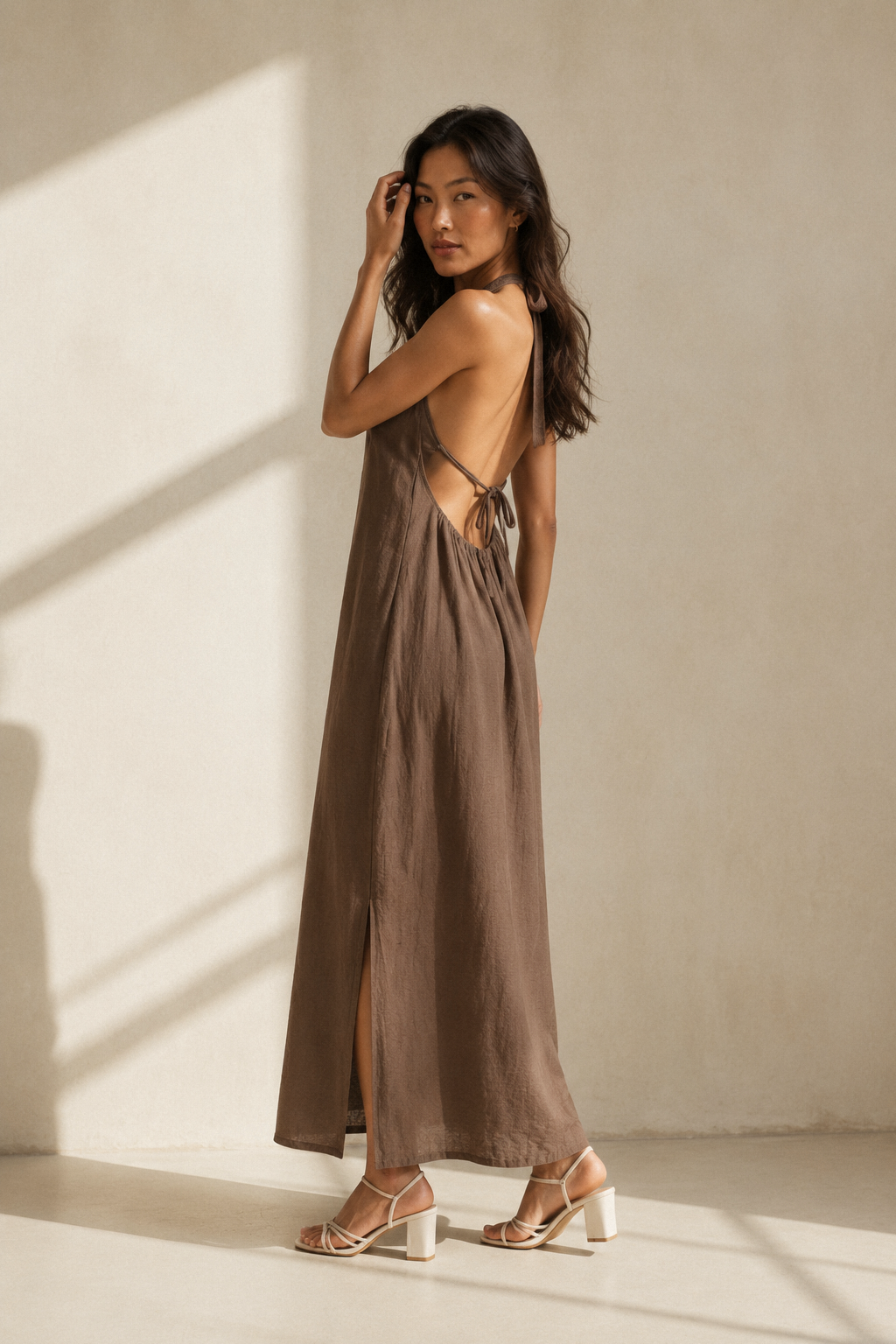 Brown linen shift maxi dress, three-quarter view, open back, tie details