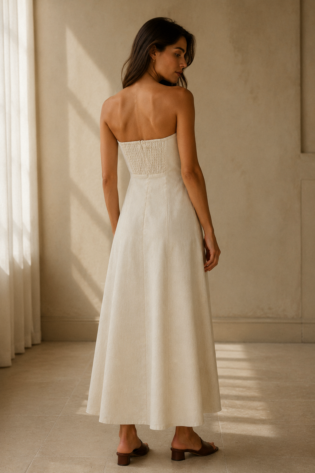 Ivory linen a-line maxi dress, back view, clean back and gentle flare
