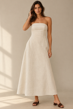 Ivory linen a-line maxi dress, full front view, full length A-line skirt