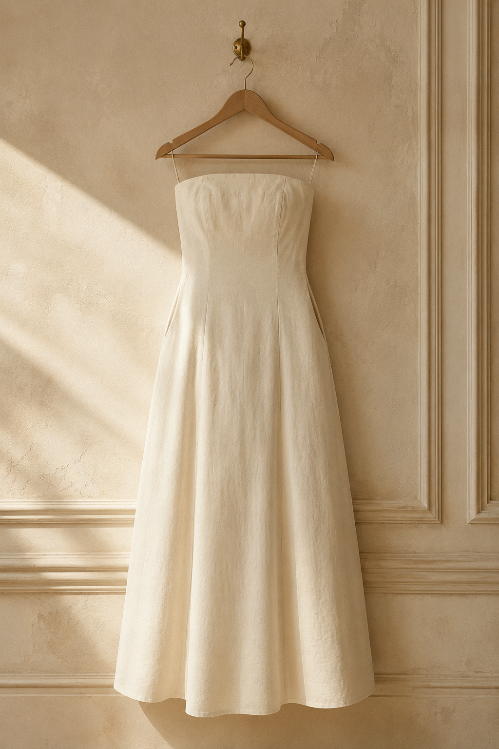 Ivory linen a-line maxi dress, hanging on wooden hanger against plaster wall