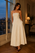Ivory linen a-line maxi dress, front view, strapless neckline and A-line shape