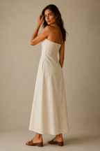 Ivory linen a-line maxi dress, three-quarter view, flowing A-line and textured linen