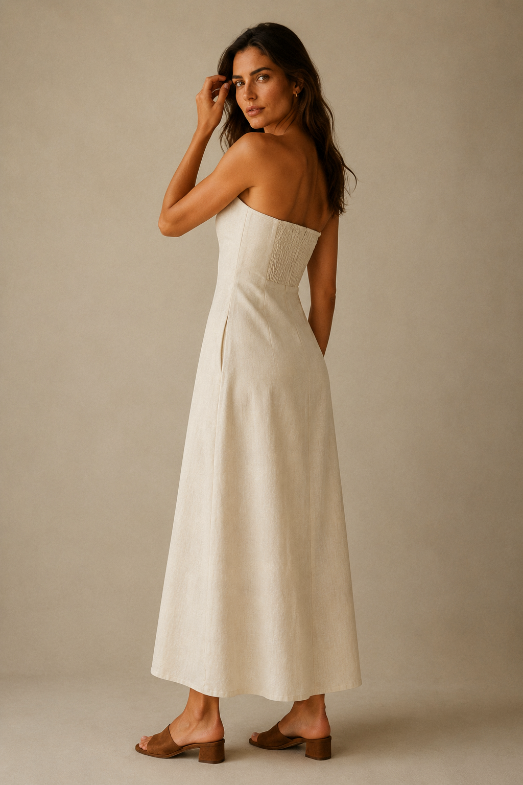 Ivory linen a-line maxi dress, three-quarter view, flowing A-line and textured linen