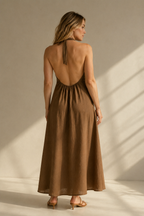 Brown linen a-line maxi dress, back view, open back design