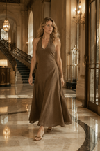 Brown linen a-line maxi dress, lifestyle, quiet moment in sunlit alcove