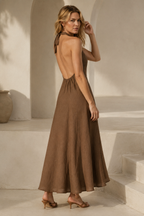 Brown linen a-line maxi dress, three-quarter view, soft fabric drape and relaxed fit