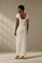 Ivory linen column maxi dress, back view, smooth back and full length skirt