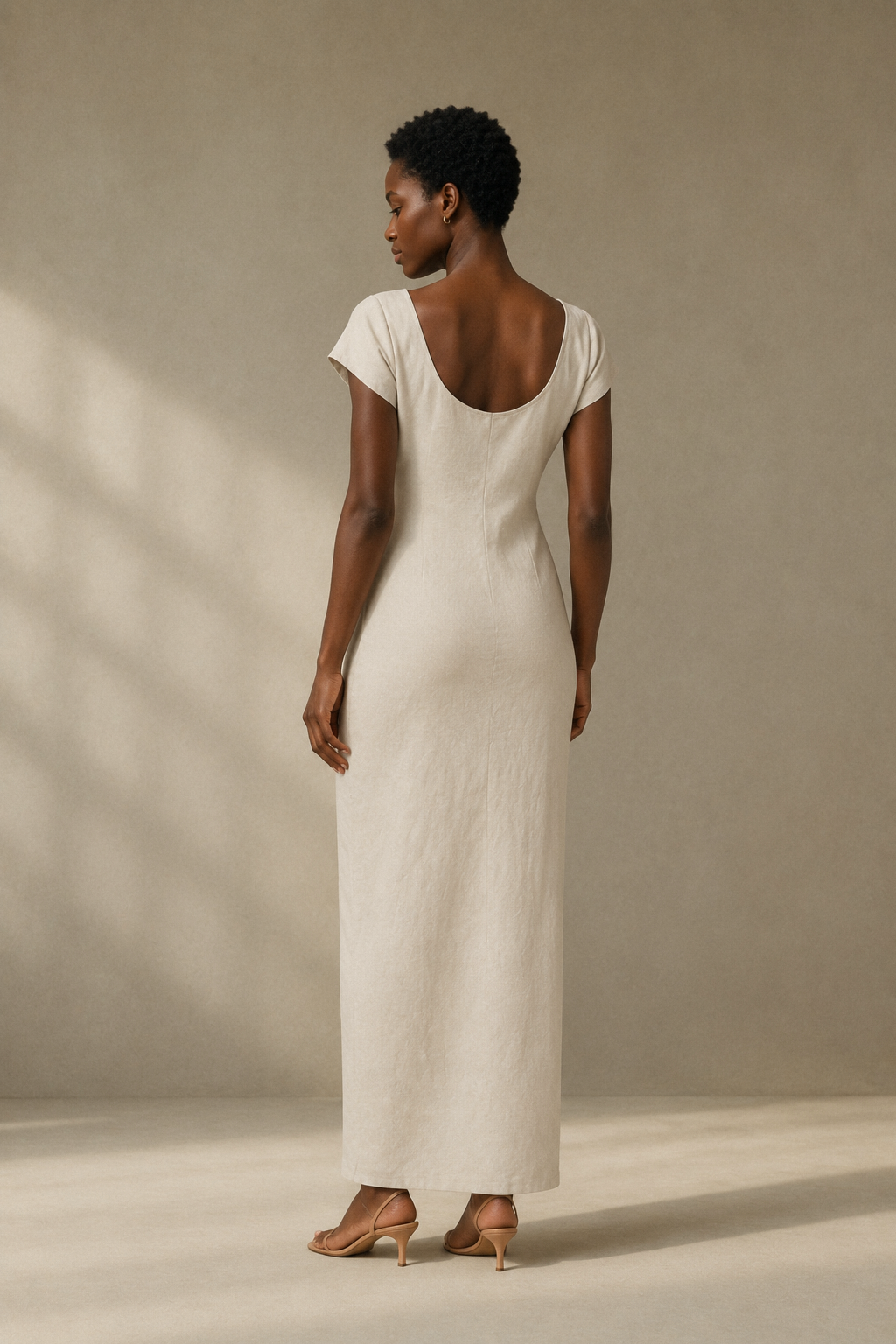 Ivory linen column maxi dress, back view, smooth back and full length skirt