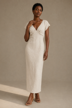 Ivory linen column maxi dress, full front view, column maxi dress with short sleeves
