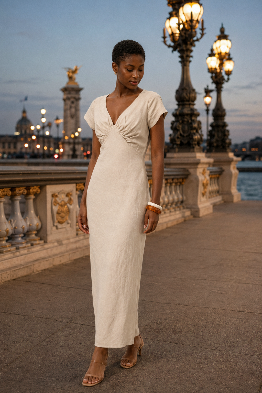 Ivory linen column maxi dress, front view, v-neckline and ruched bodice detail