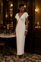 Ivory linen column maxi dress, lifestyle, sunlit afternoon, a moment of calm