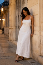 White linen a-line maxi dress, front view, sleeveless straight neckline