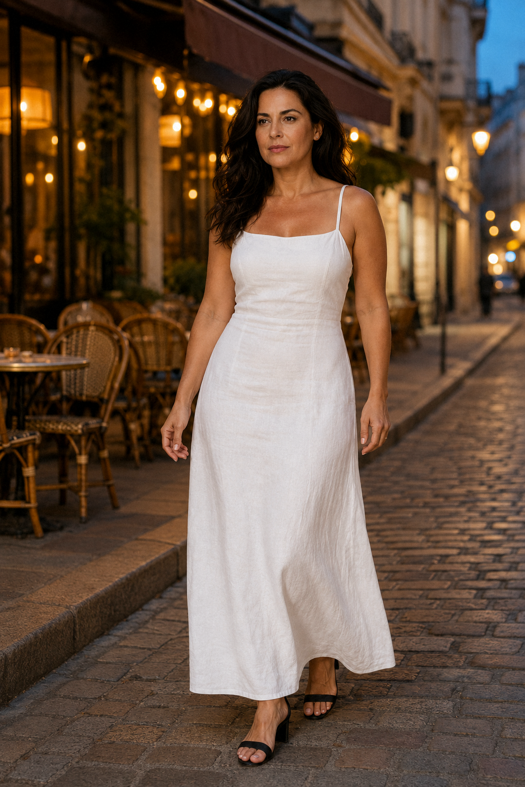 White linen a-line maxi dress, lifestyle, strolling along sun-drenched walls