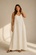 Ivory linen shift maxi dress, full front view, straight neckline and flowing silhouette