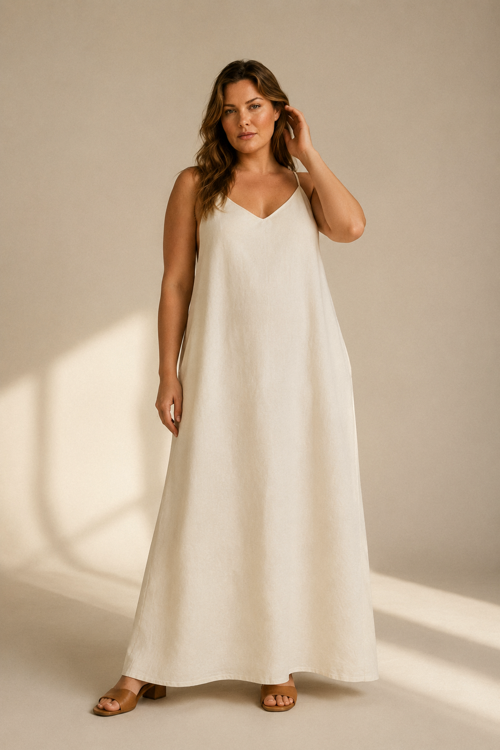 Ivory linen shift maxi dress, full front view, straight neckline and flowing silhouette