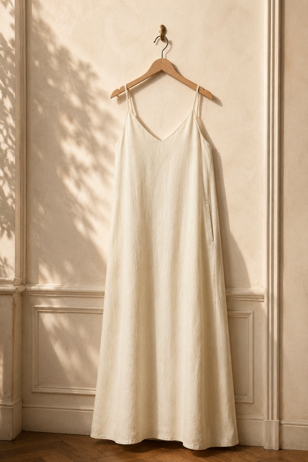 Ivory linen shift maxi dress, hanging on wooden hanger against plaster wall