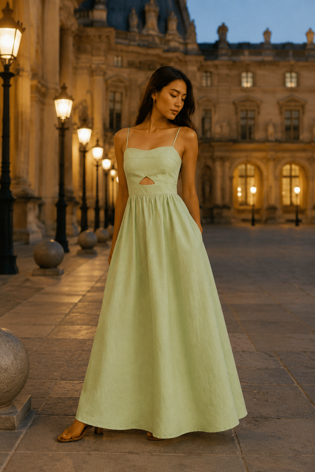 Light green linen a-line maxi dress, front view, straight neckline, waist cut-out, gathered skirt