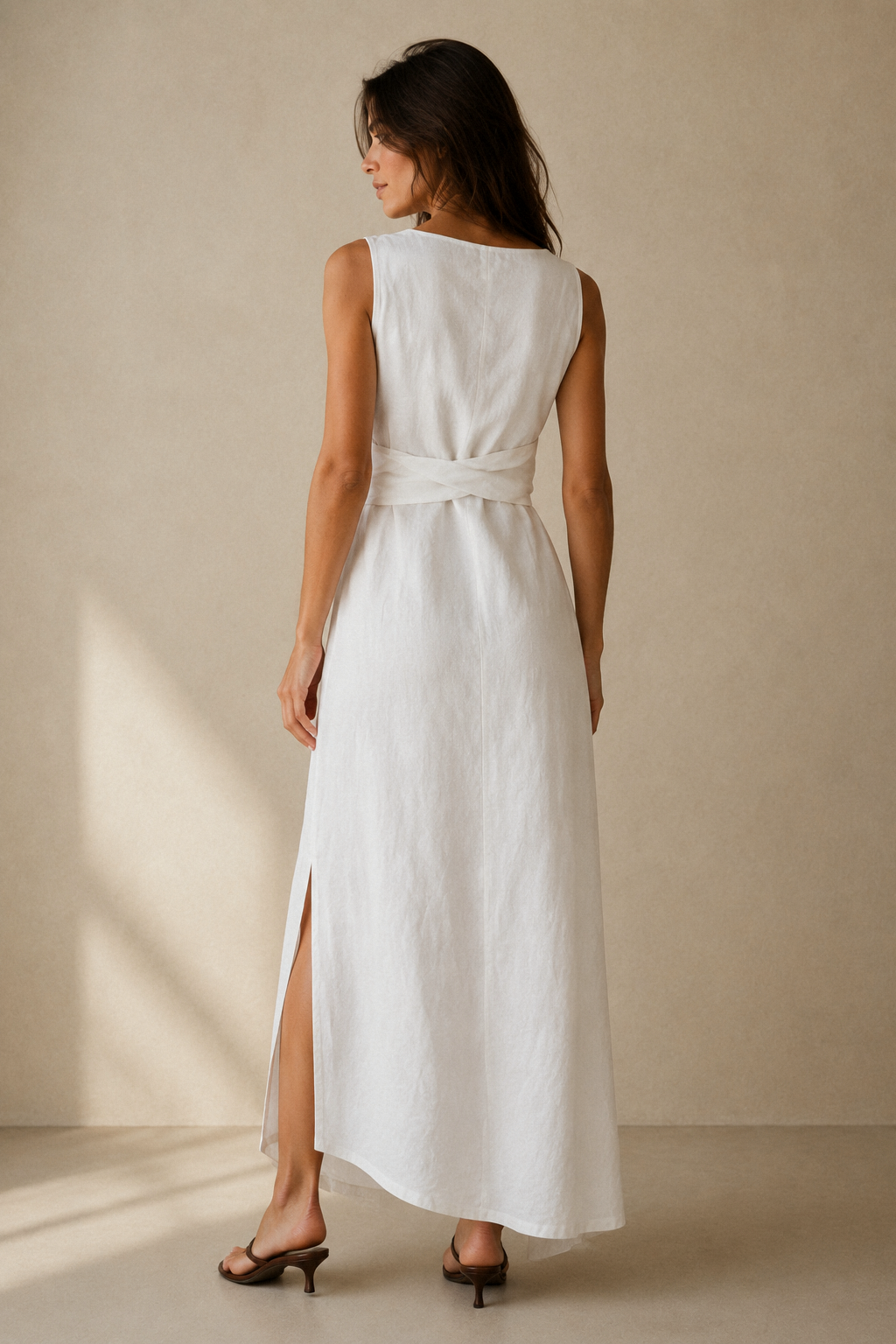 White linen wrap maxi dress, back view, smooth back and soft drape
