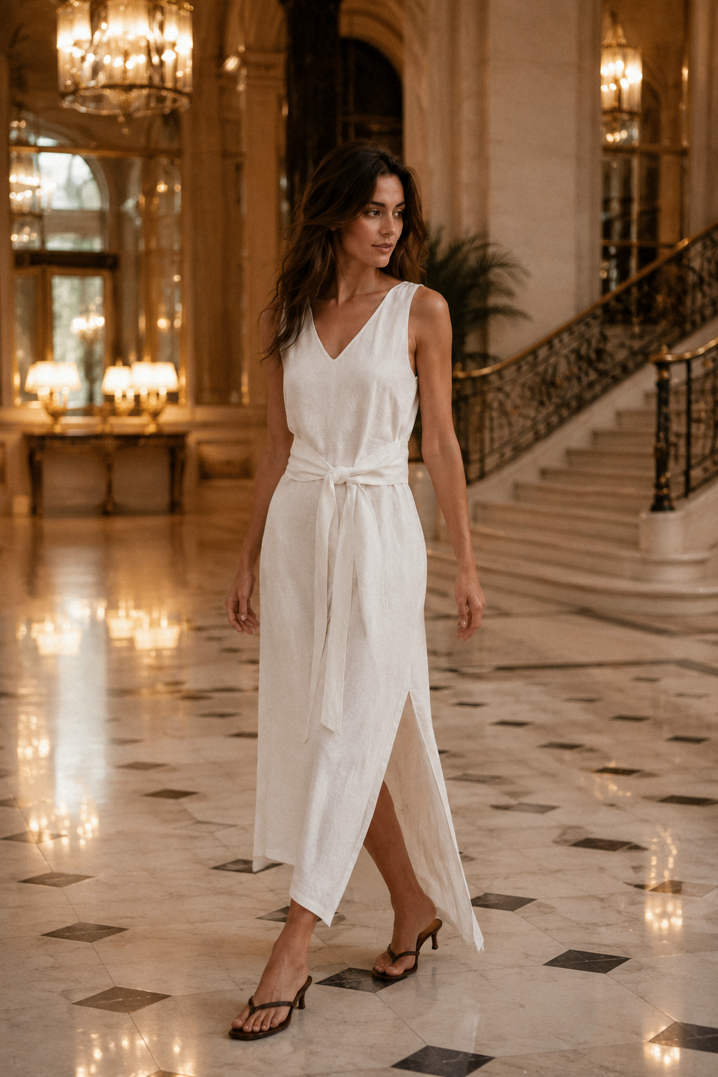 White linen wrap maxi dress, lifestyle, quiet morning light by the window