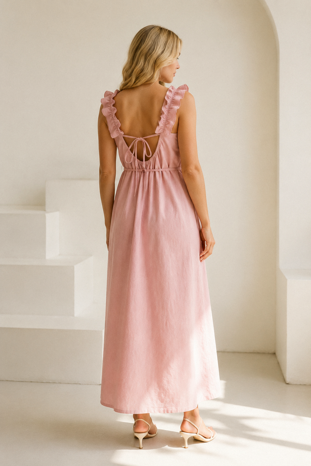 Light pink linen shift maxi dress, back view, straight silhouette, simple lines