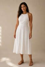 Ivory linen halter midi dress, full front view, full A-line skirt