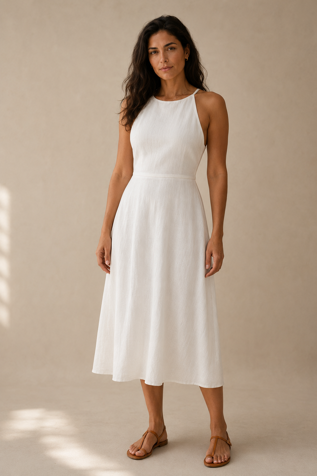Ivory linen halter midi dress, full front view, full A-line skirt