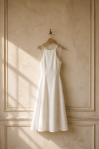 Ivory linen halter midi dress, hanging on wooden hanger against plaster wall