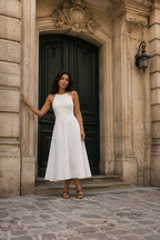 Ivory linen halter midi dress, front view, halter neckline and fitted bodice
