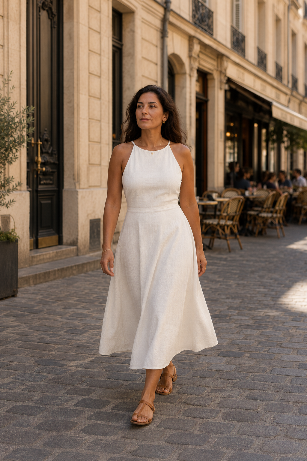 Ivory linen halter midi dress, lifestyle, garden lunch in natural light