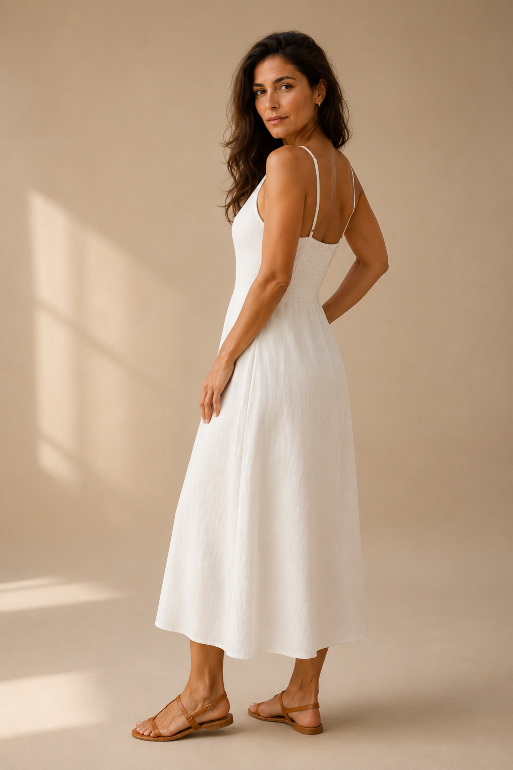 Ivory linen halter midi dress, three-quarter view, bodice line and skirt sweep