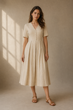 Sand linen a-line midi dress, full front view, pleated A-line skirt
