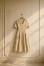 Sand linen a-line midi dress, hanging on wooden hanger against plaster wall