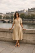 Sand linen a-line midi dress, front view, V neckline and covered buttons
