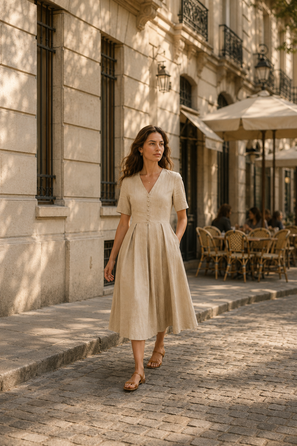 Sand linen a-line midi dress, lifestyle, riverside walk in afternoon light