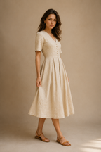 Sand linen a-line midi dress, three-quarter view, waist seam and pleats
