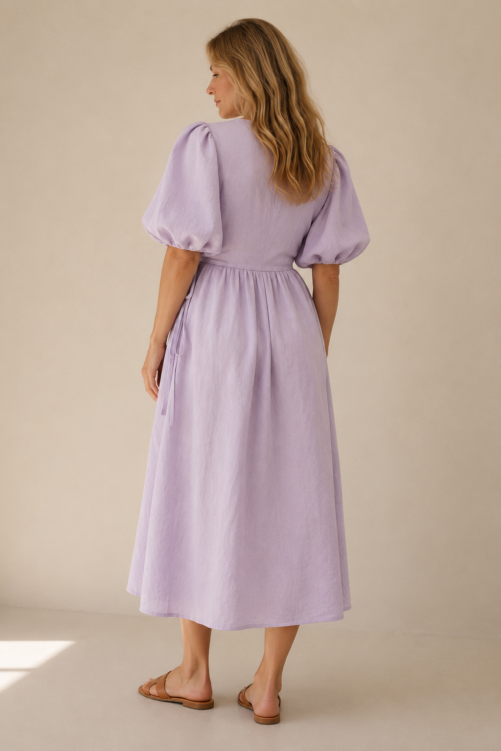 Lavender linen wrap midi dress, back view, fitted waist and sleeve volume