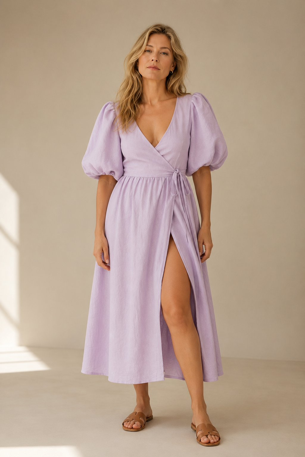 Lavender linen wrap midi dress, full front view, wrap skirt and tie waist