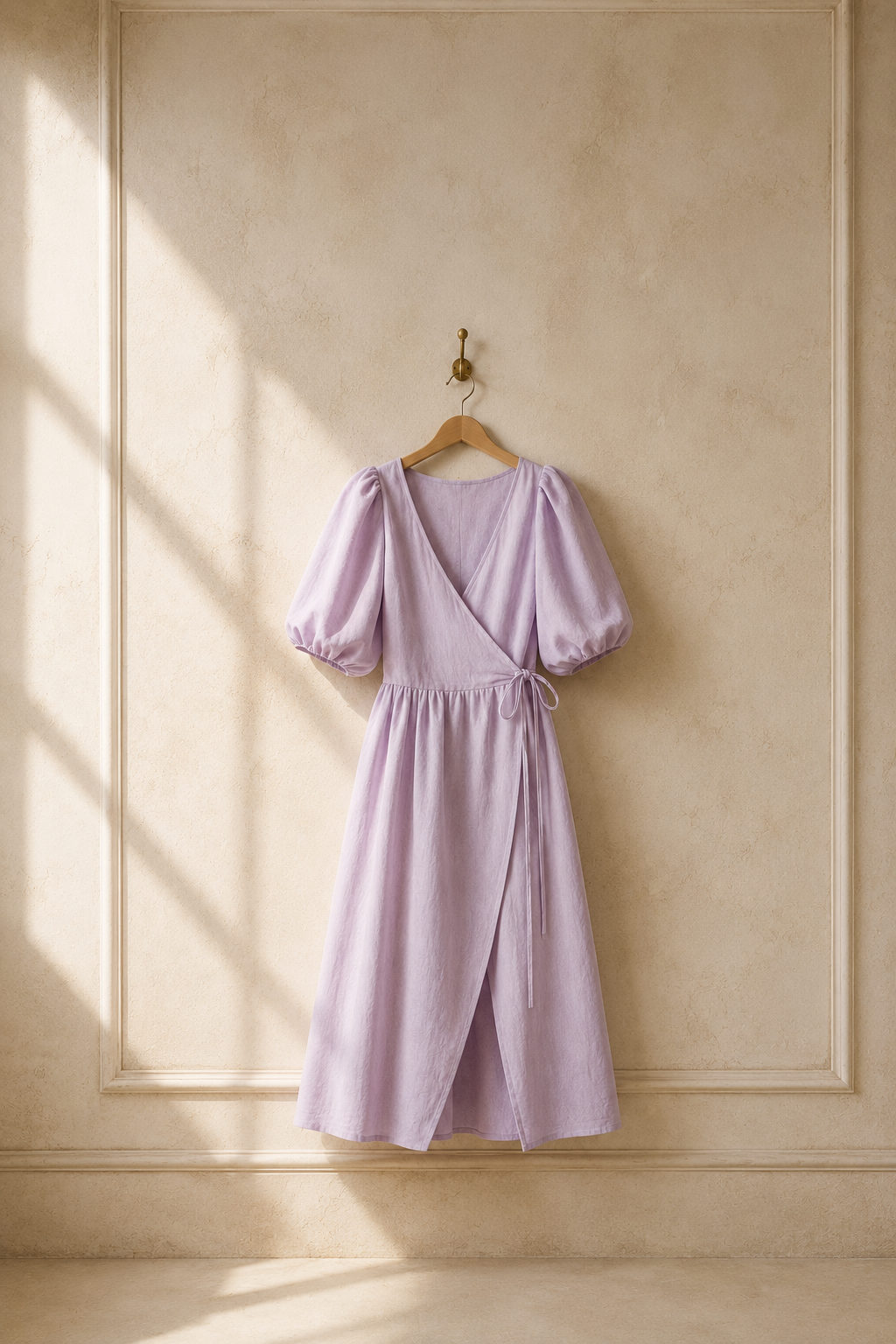 Lavender linen wrap midi dress, hanging on wooden hanger against plaster wall