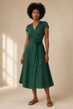 Emerald linen wrap midi dress, full front view, A-line skirt