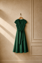 Emerald linen wrap midi dress, hanging on wooden hanger against plaster wall