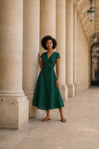 Emerald linen wrap midi dress, front view, tie waist and V neckline