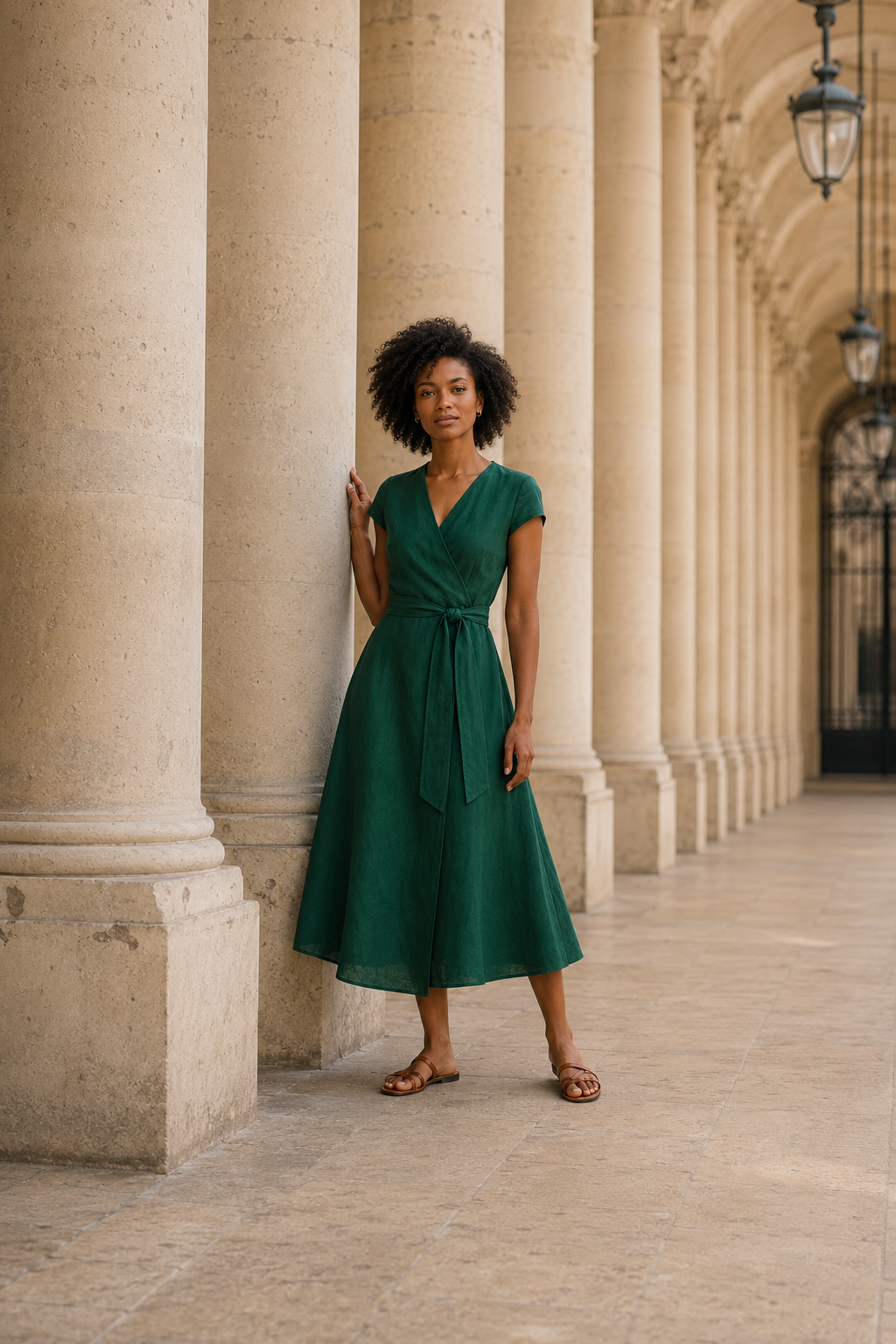 Emerald linen wrap midi dress, front view, tie waist and V neckline