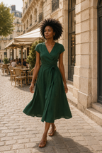 Emerald linen wrap midi dress, lifestyle, worn from morning coffee to dinner