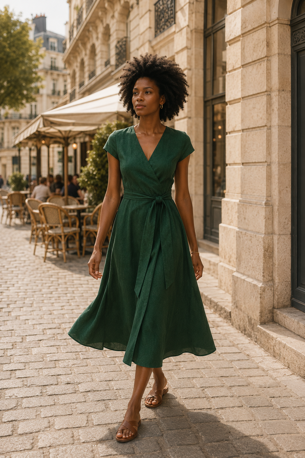 Emerald linen wrap midi dress, lifestyle, worn from morning coffee to dinner