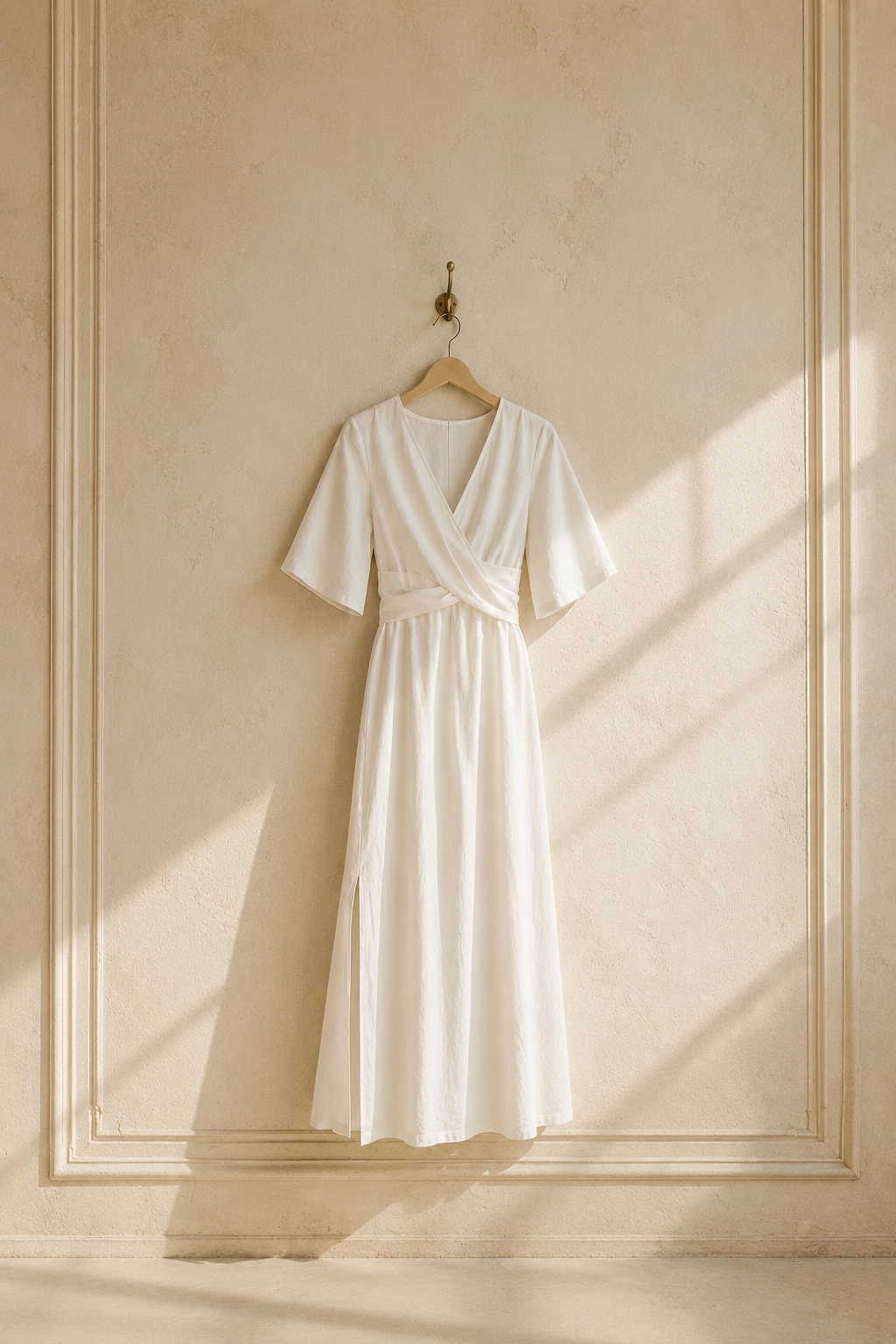 White linen wrap maxi dress, hanging on wooden hanger against plaster wall