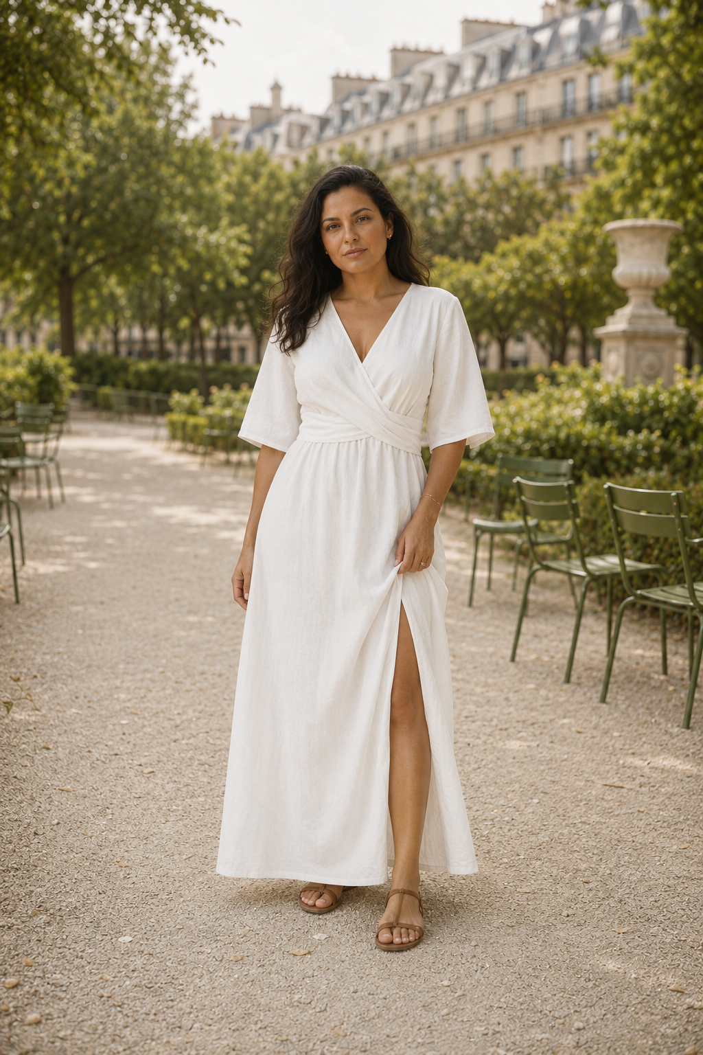 White linen wrap maxi dress, front view, crossover bodice and tie waist