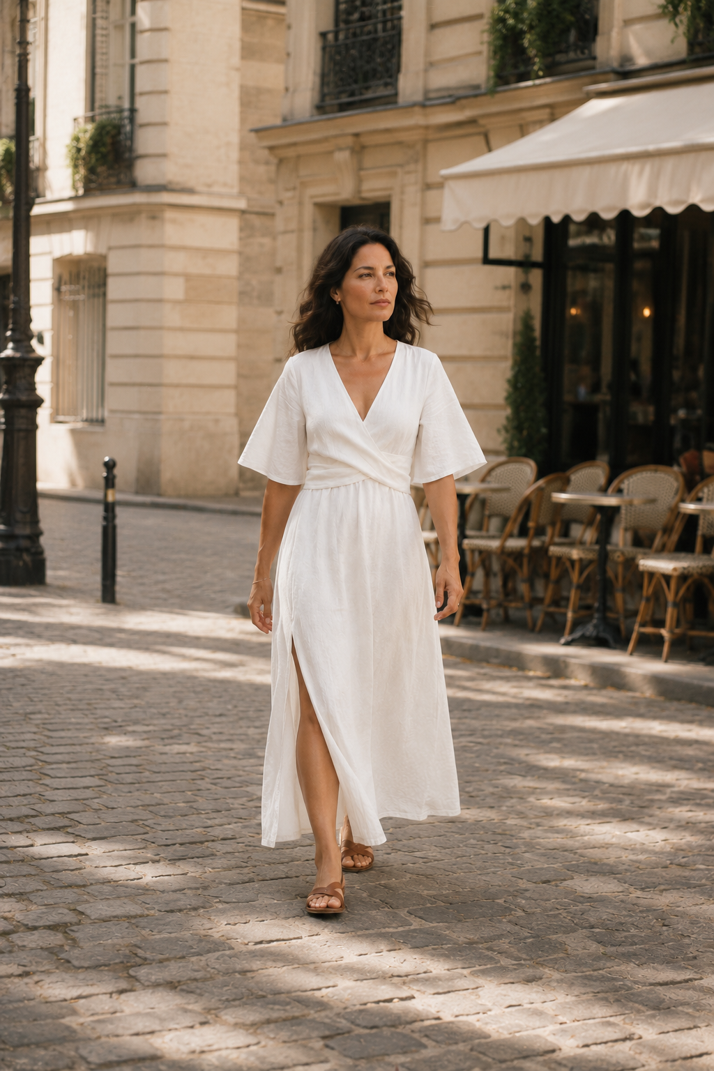 White linen wrap maxi dress, lifestyle, garden path in summer light